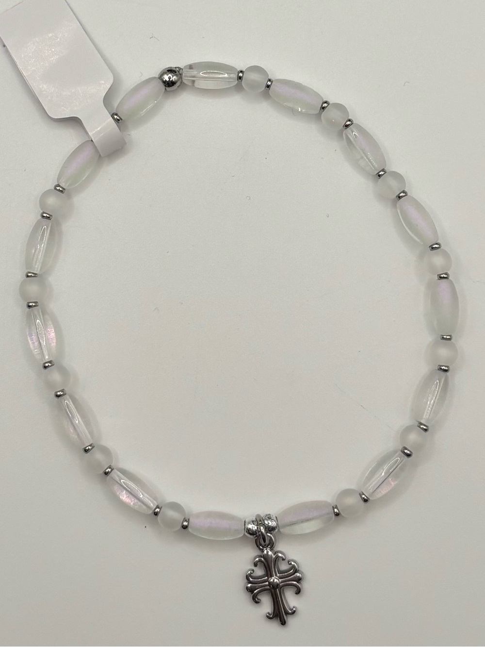 *ANKLET* S.Steel Cross & White with Purple Frosted Glass Stretchy Anklet - Picture 3 of 5